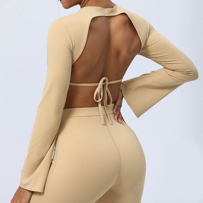 Buddha Stones Long Sleeve Backless Strap Top Bra Flare Pants Fitness Yoga Outfit - image 22