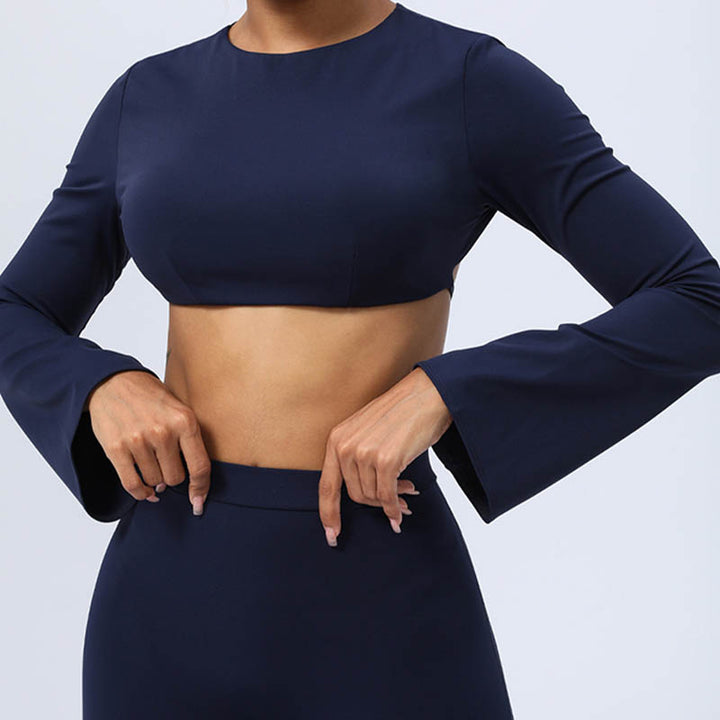 Buddha Stones Long Sleeve Backless Strap Top Bra Flare Pants Fitness Yoga Outfit - image 33