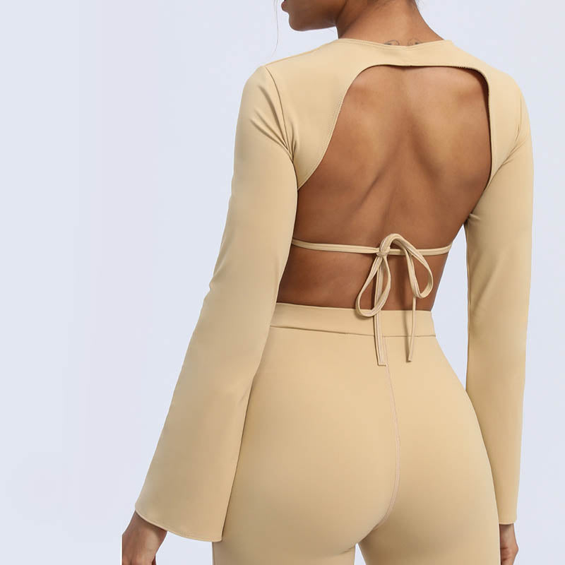 Buddha Stones Long Sleeve Backless Strap Top Bra Flare Pants Fitness Yoga Outfit - image 25