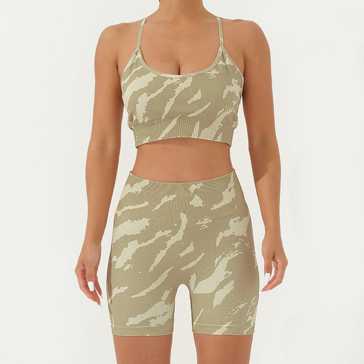 Buddha Stones 2Pcs Camo Print Backless Criss-Cross Strap Top Bra Shorts Leggings Pants Fitness Yoga Outfit Set - Yellowgreen - 2Pcs(Top&Shorts) - US8-10，UK/AU12-14，EU40-42 (L) - image 6