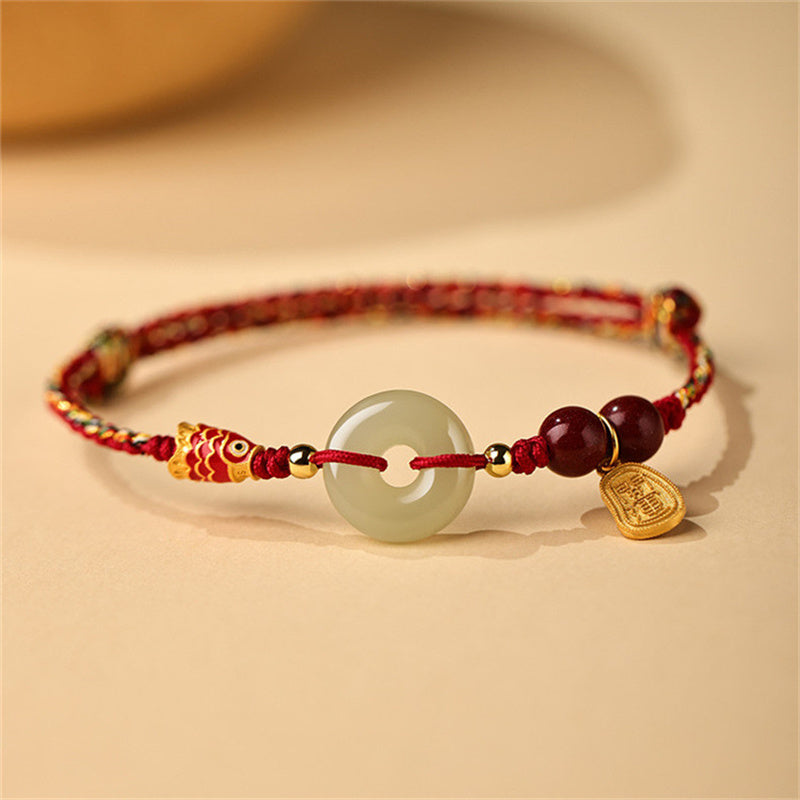 Buddha Stones 925 Sterling Silver Koi Fish Hetian Jade Peace Buckle Luck Bracelet - image 1