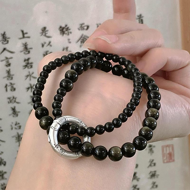 Buddha Stones 999 Sterling Silver Black Obsidian Fulfillment Strength Double Layer Bracelet - image 1