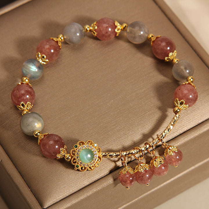 Buddha Stones Strawberry Quartz Moonstone Healing Tassel Charm Bracelet - image 1