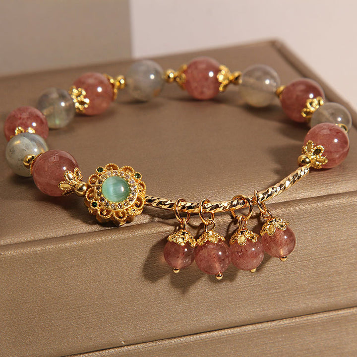 Buddha Stones Strawberry Quartz Moonstone Healing Tassel Charm Bracelet - image 5
