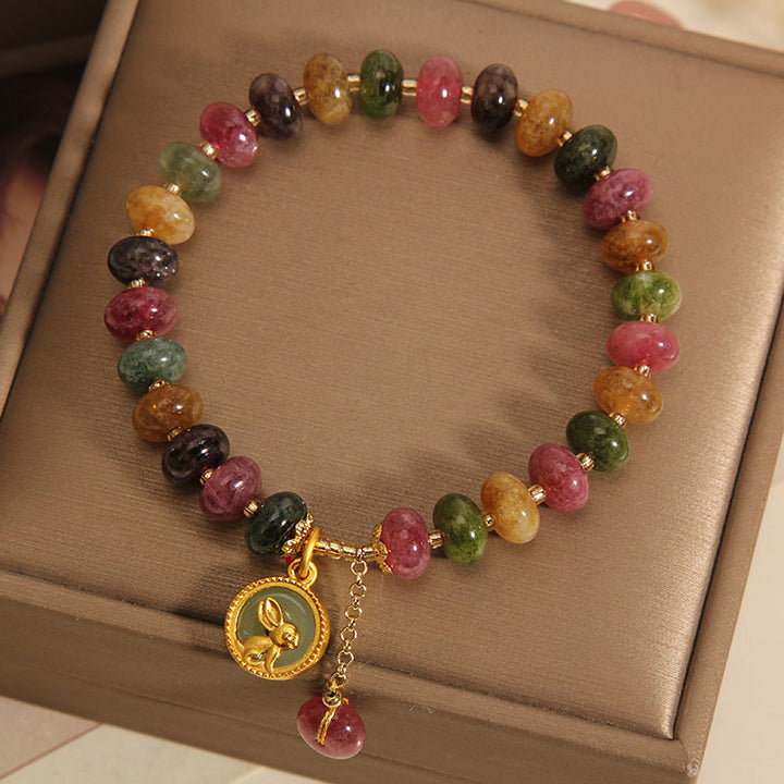 Buddha Stones Natural Colorful Tourmaline Cute Rabbit Charm Positive Bracelet - image 4
