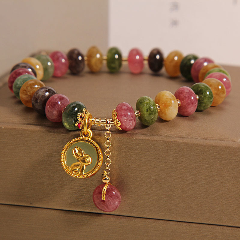 Buddha Stones Natural Colorful Tourmaline Cute Rabbit Charm Positive Bracelet - image 6