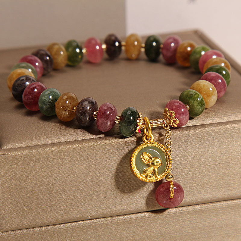 Buddha Stones Natural Colorful Tourmaline Cute Rabbit Charm Positive Bracelet - image 5