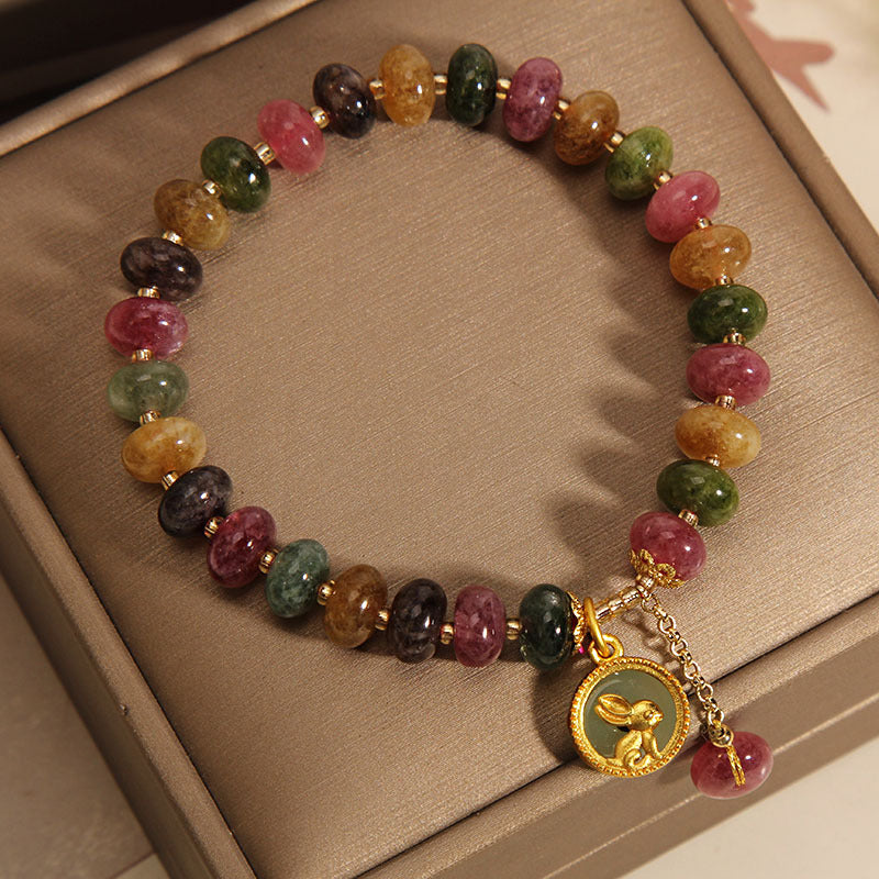 Buddha Stones Natural Colorful Tourmaline Cute Rabbit Charm Positive Bracelet - image 2