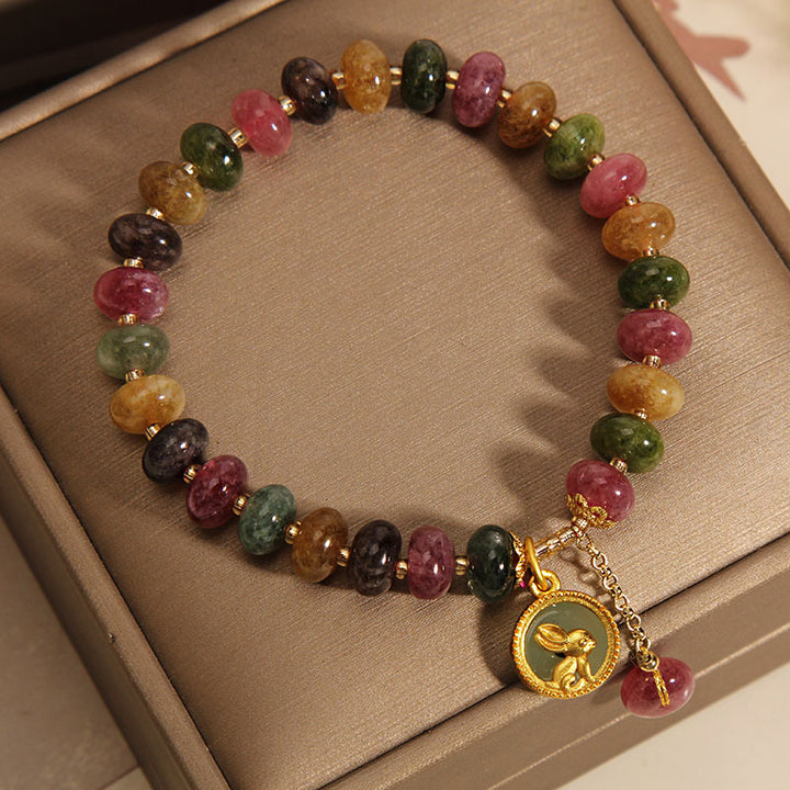 Buddha Stones Natural Colorful Tourmaline Cute Rabbit Charm Positive Bracelet - image 2