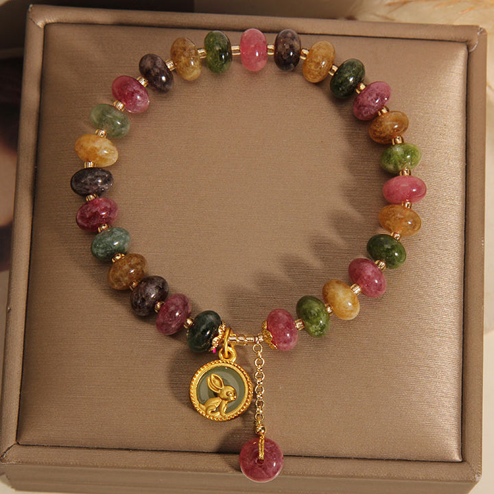 Buddha Stones Natural Colorful Tourmaline Cute Rabbit Charm Positive Bracelet - image 1