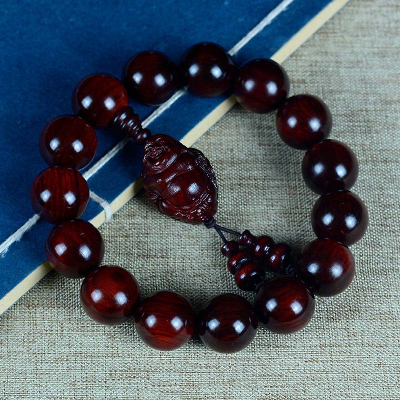 Buddha Stones Small Leaf Red Sandalwood Laughing Buddha God of Wealth Protection Bracelet - image 1