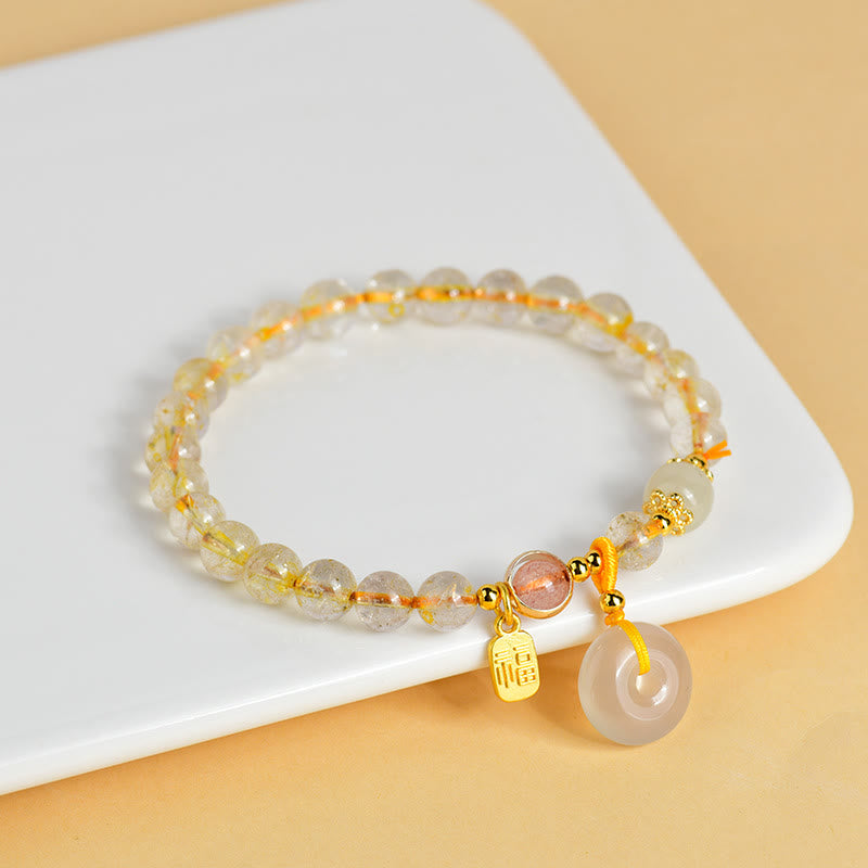 Buddha Stones Natural Golden Rutilated Quartz Fu Character Peace Buckle Charm Wealth Bracelet - image 1