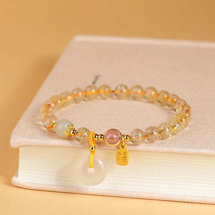 Buddha Stones Natural Golden Rutilated Quartz Fu Character Peace Buckle Charm Wealth Bracelet - image 3