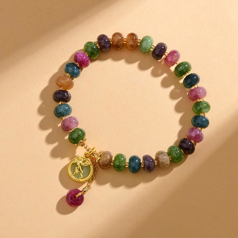 Buddha Stones Colorful Tourmaline Cute Flower Rabbit Charm Love Bracelet - image 1