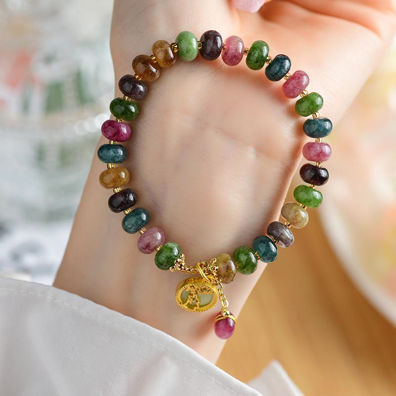 Buddha Stones Colorful Tourmaline Cute Flower Rabbit Charm Love Bracelet - Tourmaline(Positive♥Love)(Wrist Circumference 14-16cm) - image 0