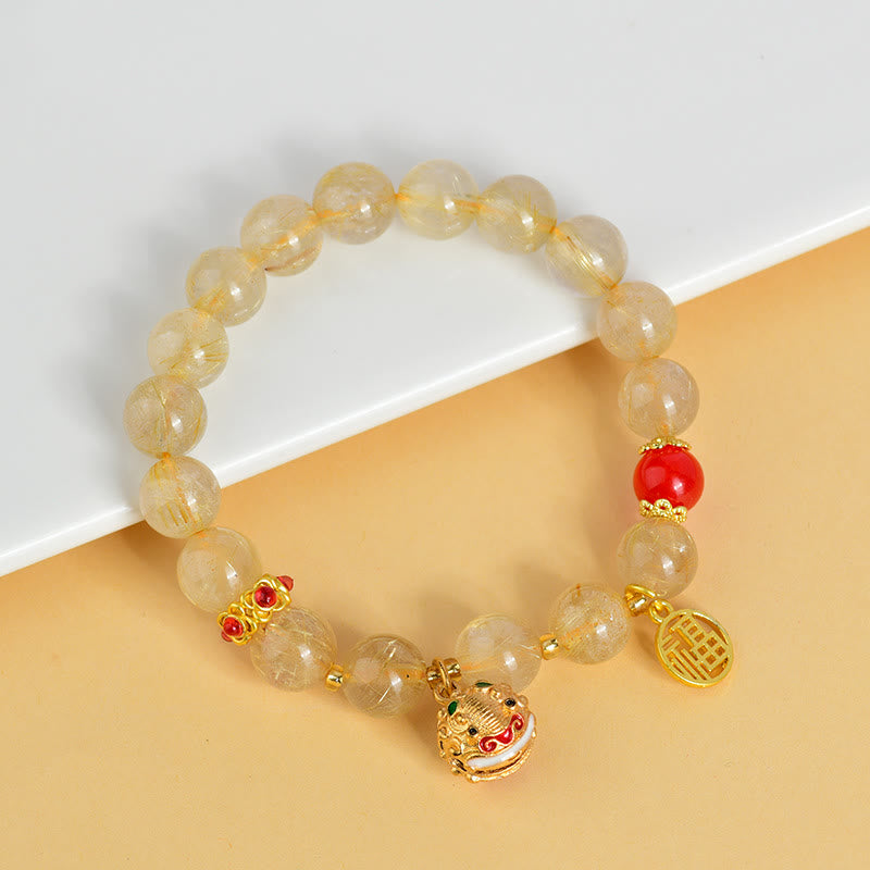 Buddha Stones Natural Golden Rutilated Quartz Fu Character Charm Bell Wealth Bracelet - image 2