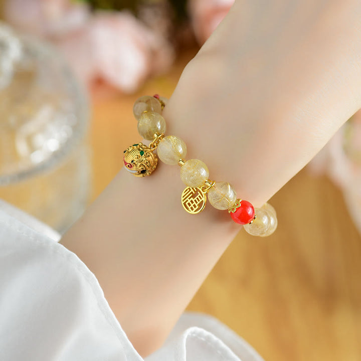 Buddha Stones Natural Golden Rutilated Quartz Fu Character Charm Bell Wealth Bracelet - image 6
