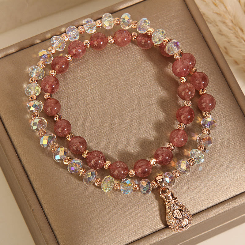 Buddha Stones Strawberry Quartz White Crystal Money Bag Charm Positive Bracelet - image 8