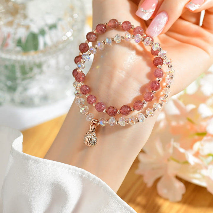 Buddha Stones Strawberry Quartz White Crystal Money Bag Charm Positive Bracelet - Strawberry Quartz Double Wrap(Wrist Circumference 14-16cm) - image 0