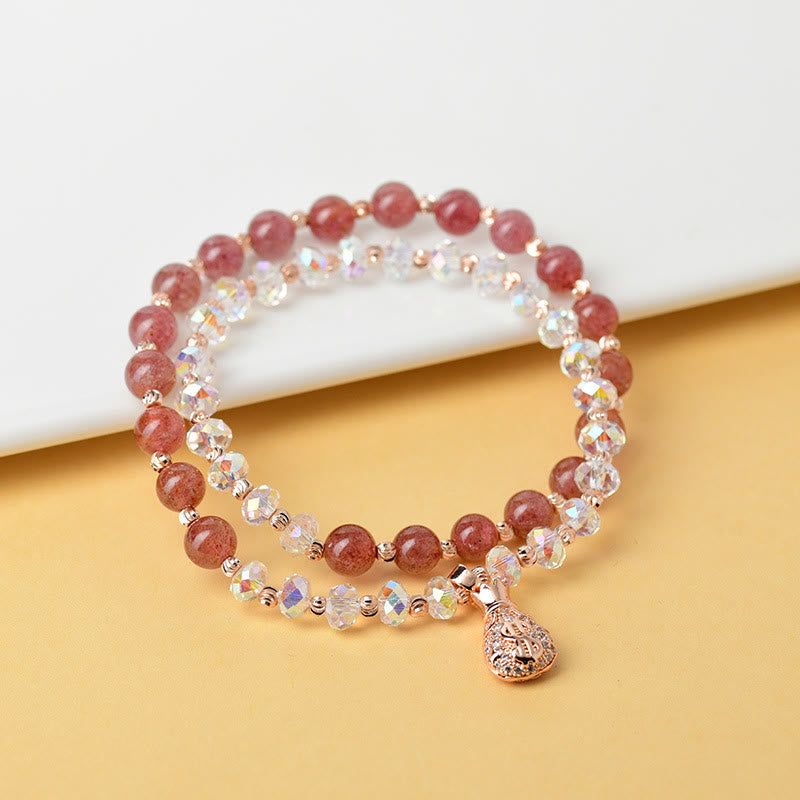 Buddha Stones Strawberry Quartz White Crystal Money Bag Charm Positive Bracelet - image 2
