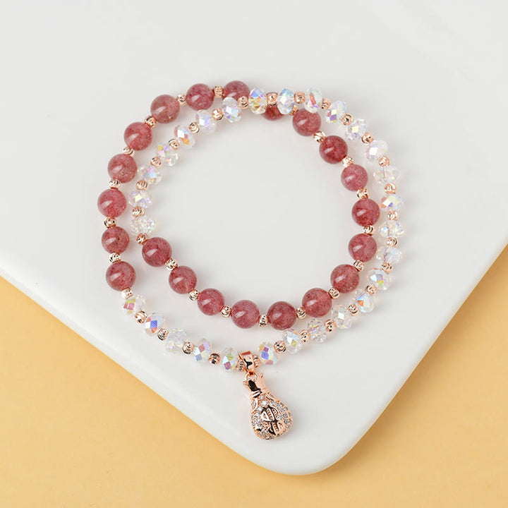 Buddha Stones Strawberry Quartz White Crystal Money Bag Charm Positive Bracelet - image 3