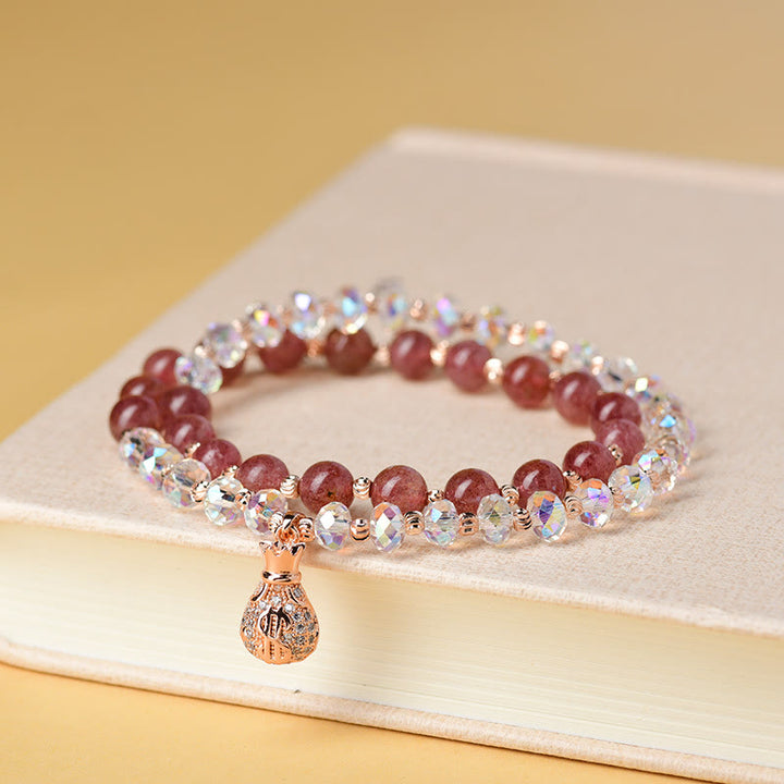 Buddha Stones Strawberry Quartz White Crystal Money Bag Charm Positive Bracelet - image 4