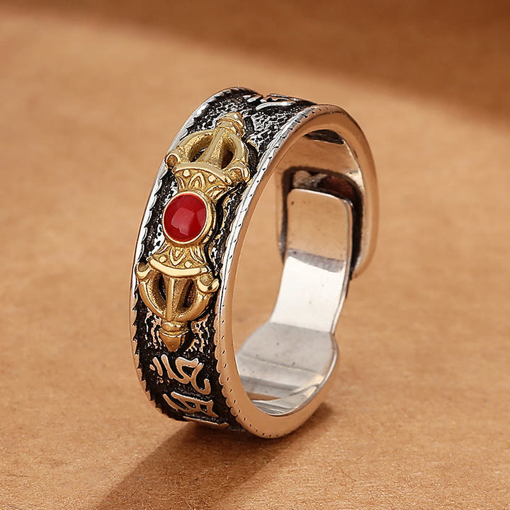 Buddha Stones Tibetan Om Mani Padme Hum Red Agate Dorje Vajra Design Wisdom Ring - Om Mani Padme Hum(Love♥Focus) - image 0