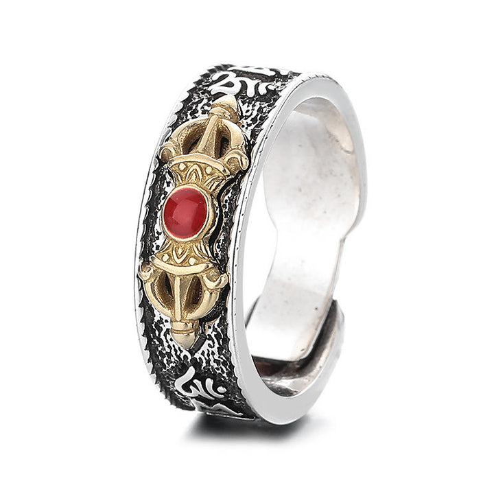 Buddha Stones Tibetan Om Mani Padme Hum Red Agate Dorje Vajra Design Wisdom Ring - image 5