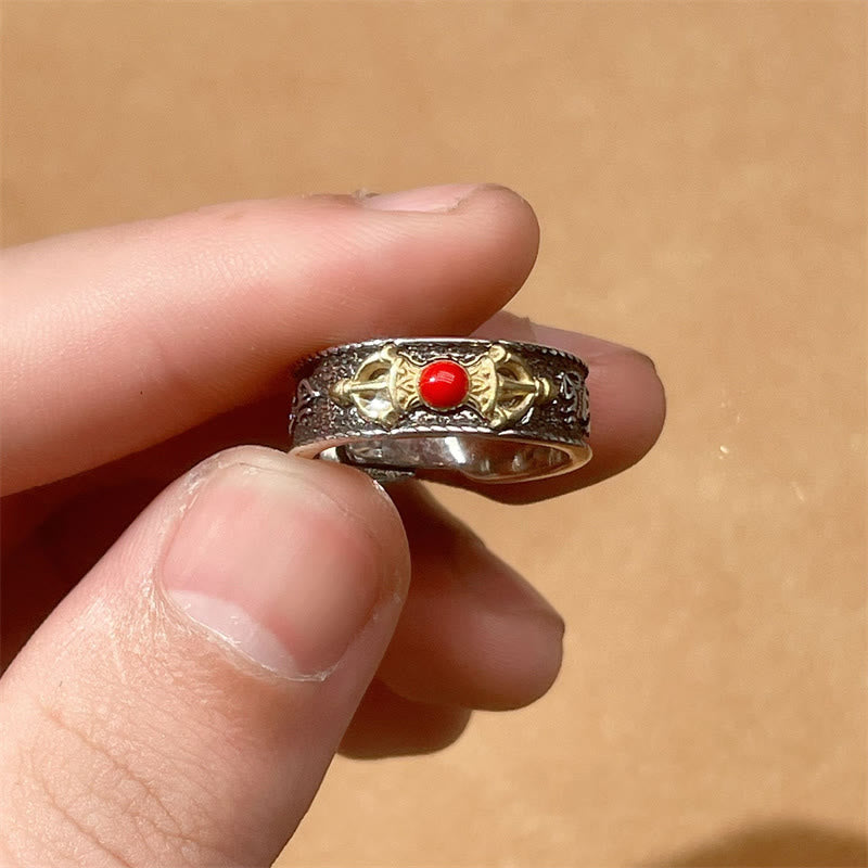 Buddha Stones Tibetan Om Mani Padme Hum Red Agate Dorje Vajra Design Wisdom Ring - image 3