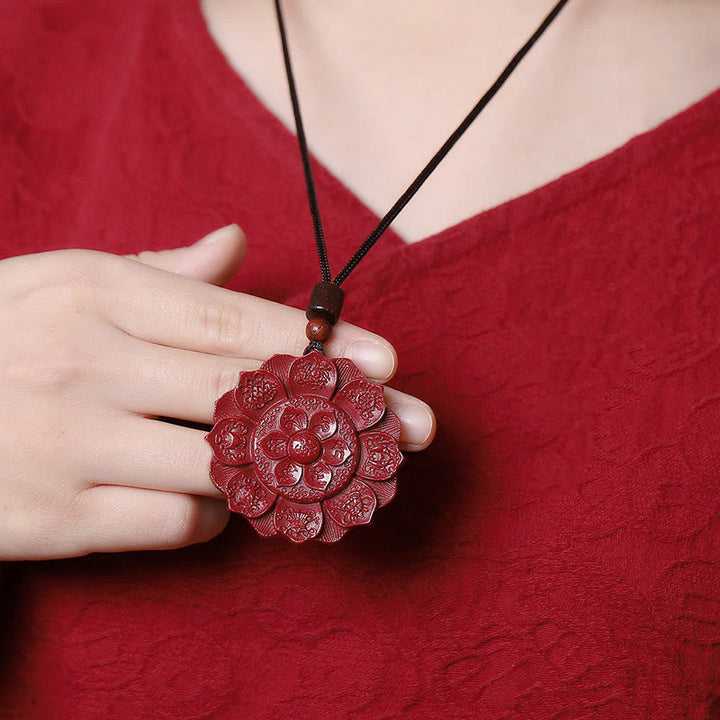 Buddha Stones Natural Cinnabar Lotus Om Mani Padme Hum Blessing Necklace String Pendant - image 3
