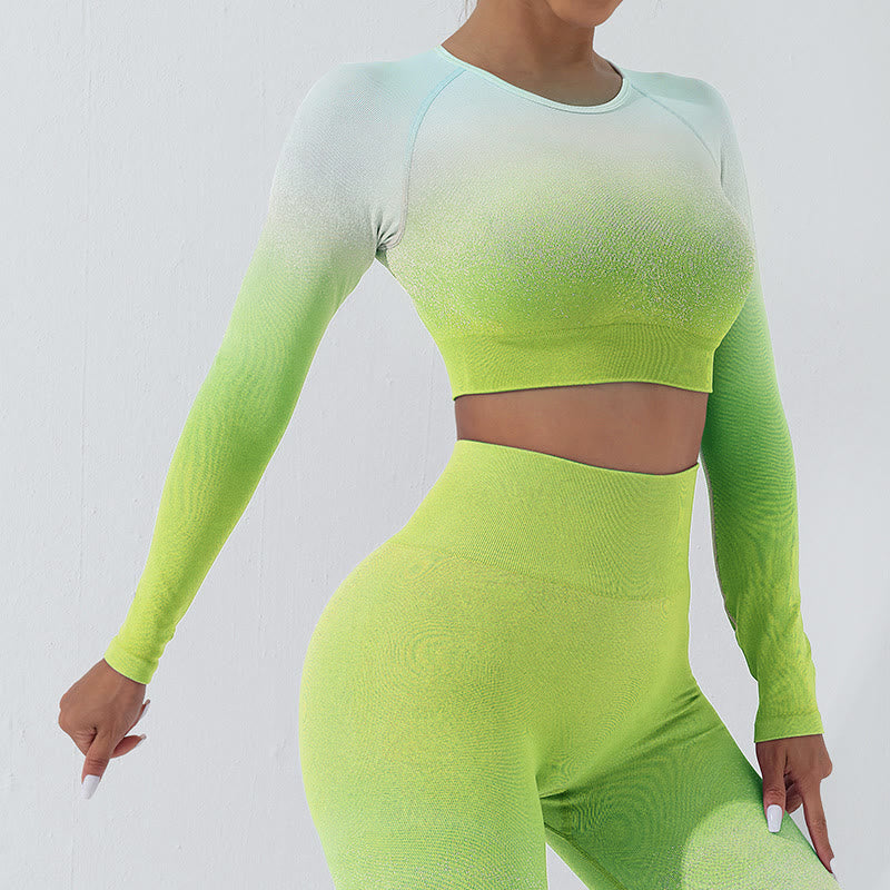 Buddha Stones Gradient Long Sleeve Crop Top Tee Bra Leggings Pants Fitness Yoga Outfit - Top - Green - US4，UK/AU8，EU36 (L) - image 14