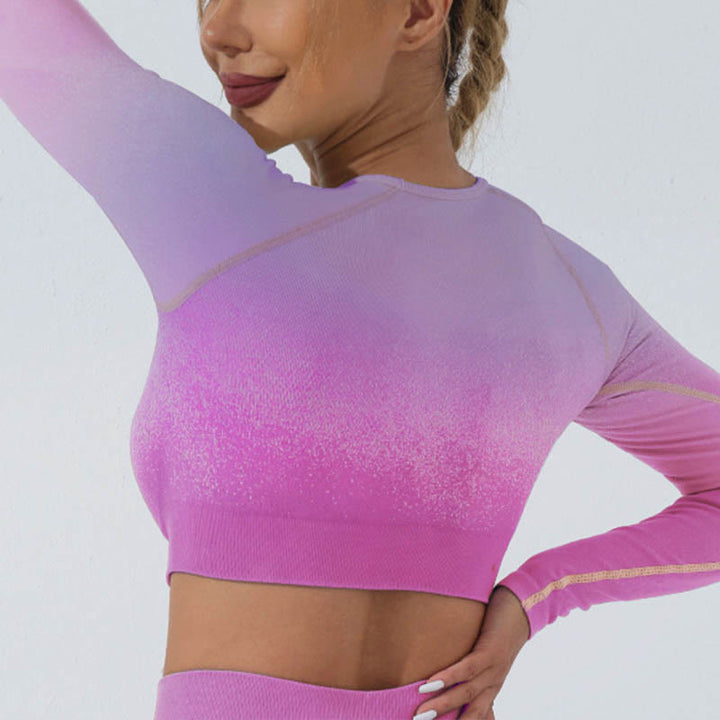 Buddha Stones Gradient Long Sleeve Crop Top Tee Bra Leggings Pants Fitness Yoga Outfit - Top - Purple Pink - US4，UK/AU8，EU36 (L) - image 12