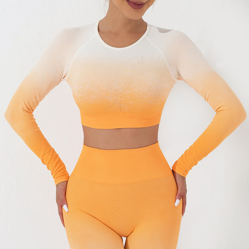 Buddha Stones Gradient Long Sleeve Crop Top Tee Bra Leggings Pants Fitness Yoga Outfit - Top - Orange White - US4，UK/AU8，EU36 (L) - image 5