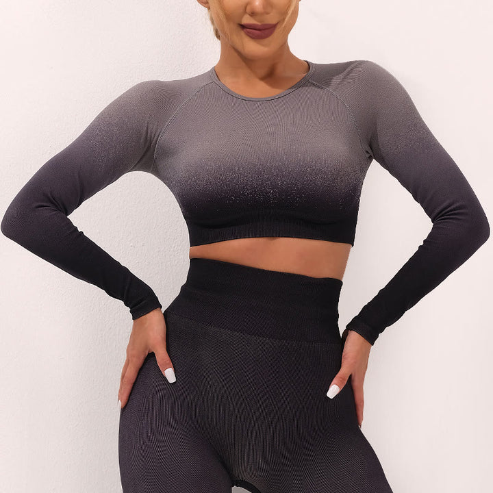 Buddha Stones Gradient Long Sleeve Crop Top Tee Bra Leggings Pants Fitness Yoga Outfit - Top - Black Gray - US4，UK/AU8，EU36 (L) - image 4
