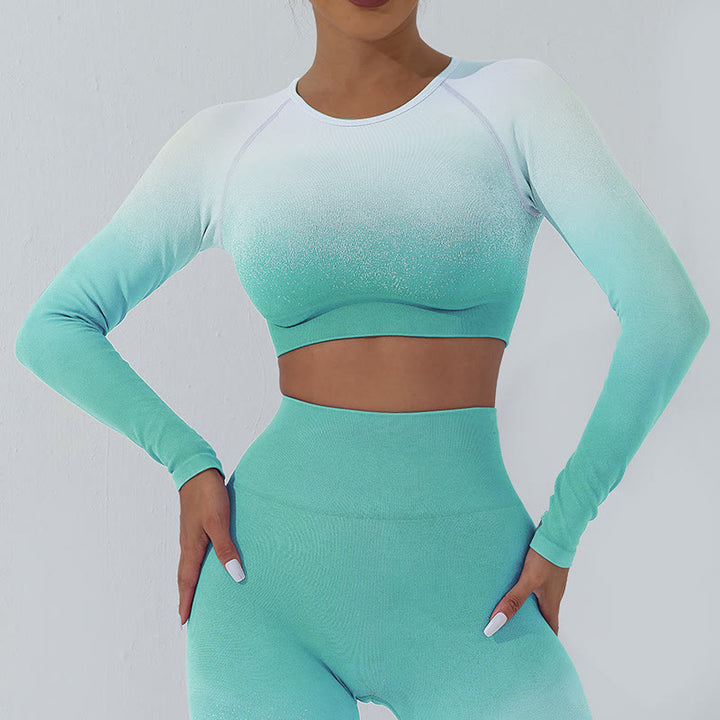 Buddha Stones Gradient Long Sleeve Crop Top Tee Bra Leggings Pants Fitness Yoga Outfit - Top - Cyan White - US4，UK/AU8，EU36 (L) - image 1