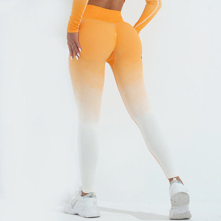 Buddha Stones Gradient Long Sleeve Crop Top Tee Bra Leggings Pants Fitness Yoga Outfit - Pants - Orange White - US4，UK/AU8，EU36 (L) - image 27