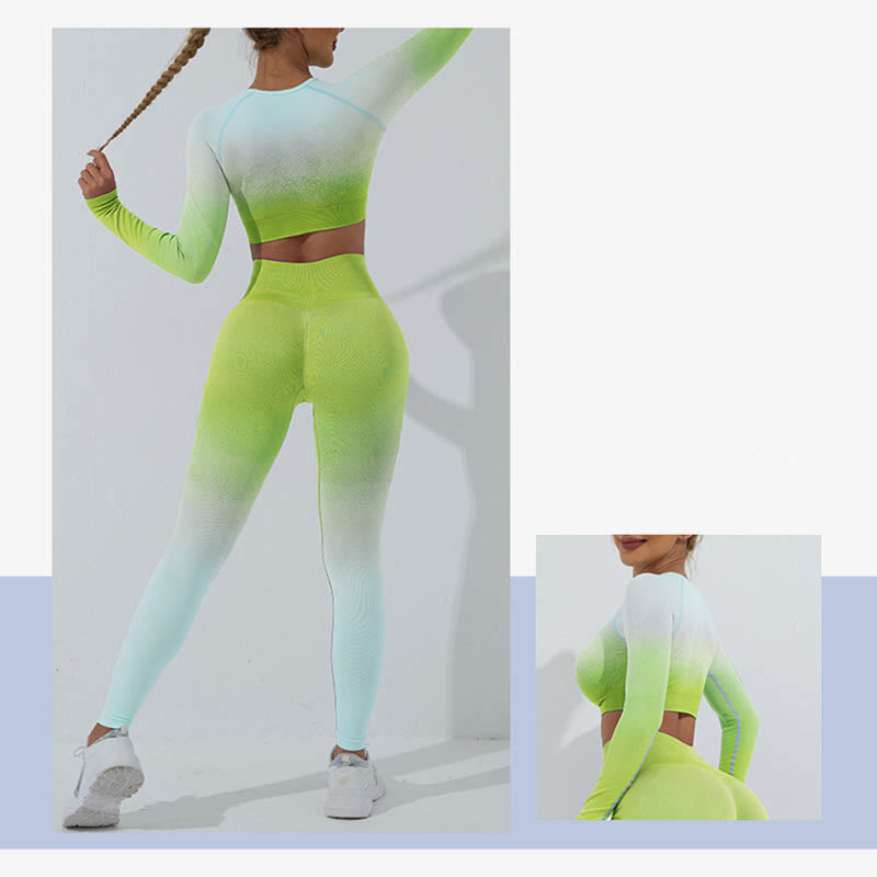 Buddha Stones Gradient Long Sleeve Crop Top Tee Bra Leggings Pants Fitness Yoga Outfit - image 61