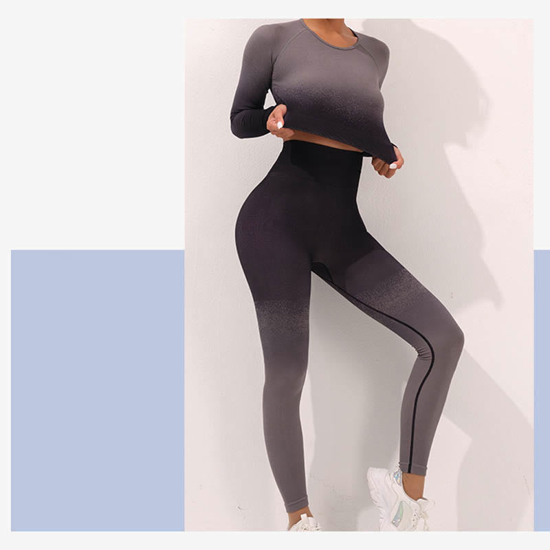 Buddha Stones Gradient Long Sleeve Crop Top Tee Bra Leggings Pants Fitness Yoga Outfit - image 26