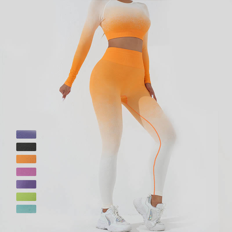 Buddha Stones Gradient Long Sleeve Crop Top Tee Bra Leggings Pants Fitness Yoga Outfit - image 38