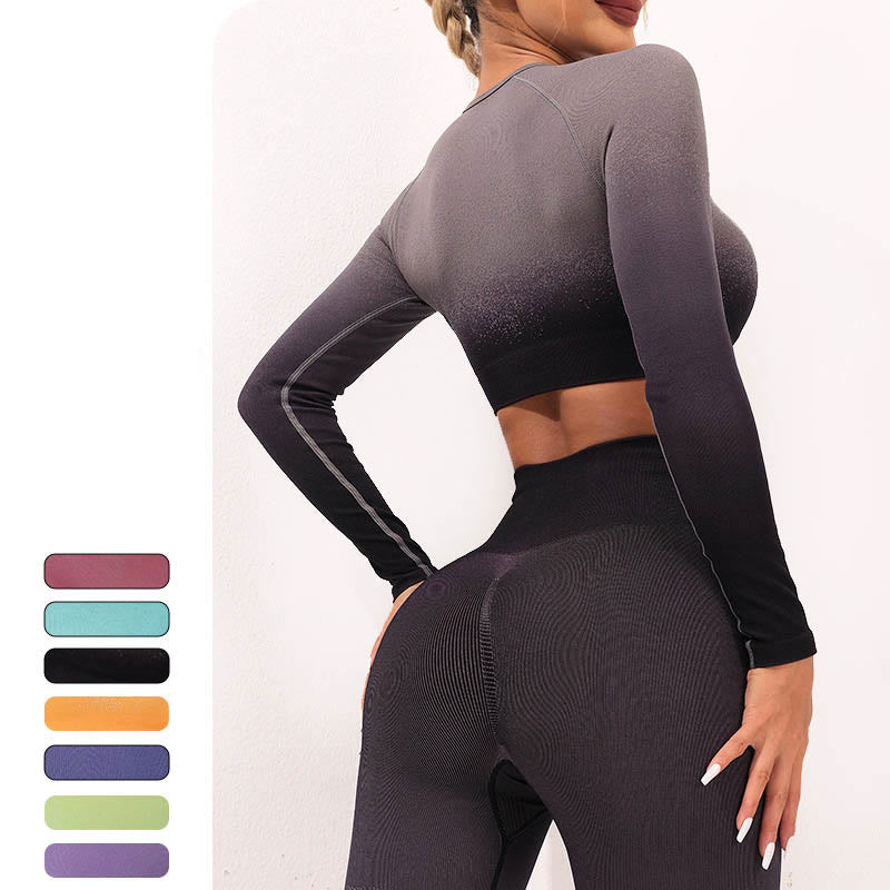 Buddha Stones Gradient Long Sleeve Crop Top Tee Bra Leggings Pants Fitness Yoga Outfit - image 23