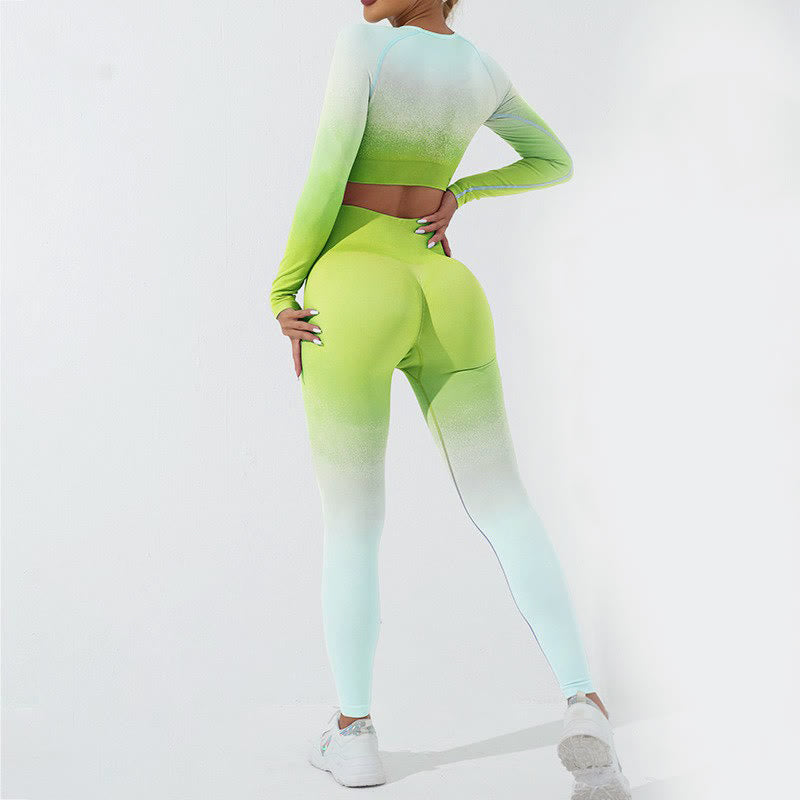 Buddha Stones Gradient Long Sleeve Crop Top Tee Bra Leggings Pants Fitness Yoga Outfit - image 56