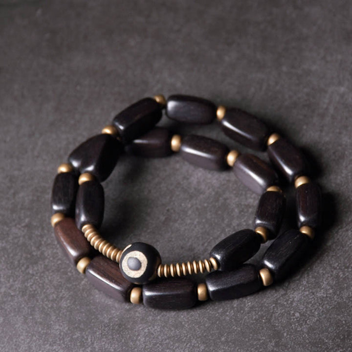 Buddha Stones Tibet Ebony Wood Dzi Bead Copper Balance Double Wrap Bracelet - Ebony Wood Round Dzi Bead - 17-17.5cm(Double Wrap) - image 0
