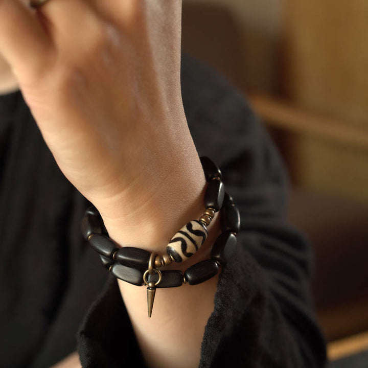 Buddha Stones Tibet Ebony Wood Dzi Bead Copper Balance Double Wrap Bracelet - image 14