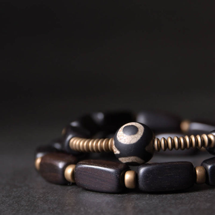 Buddha Stones Tibet Ebony Wood Dzi Bead Copper Balance Double Wrap Bracelet - image 1