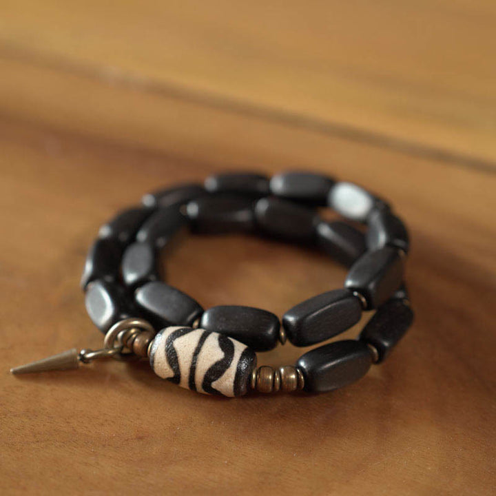 Buddha Stones Tibet Ebony Wood Dzi Bead Copper Balance Double Wrap Bracelet - image 10