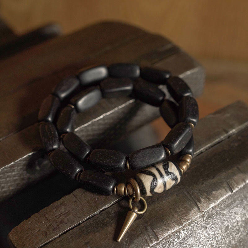 Buddha Stones Tibet Ebony Wood Dzi Bead Copper Balance Double Wrap Bracelet - image 8