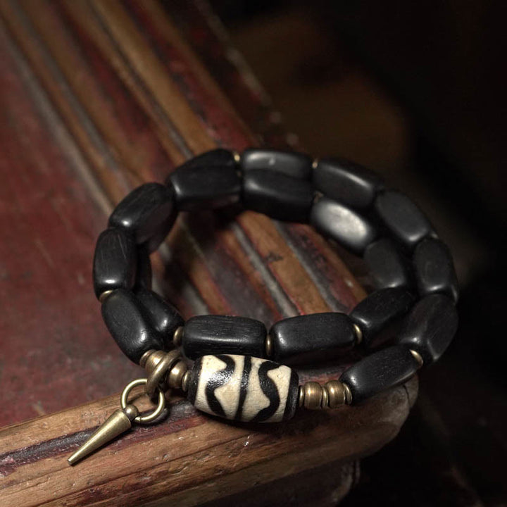 Buddha Stones Tibet Ebony Wood Dzi Bead Copper Balance Double Wrap Bracelet - image 9