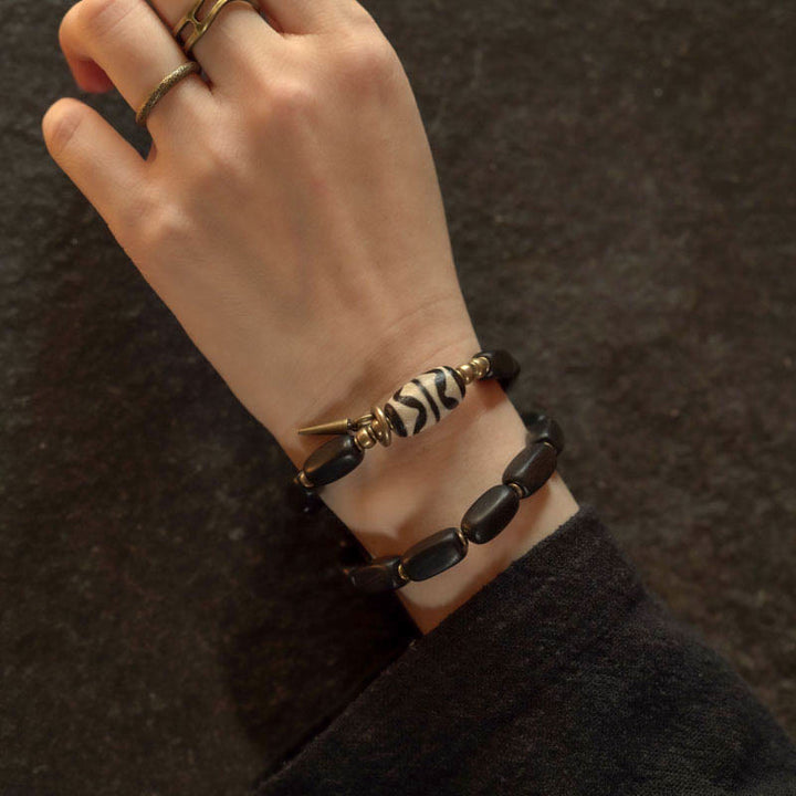 Buddha Stones Tibet Ebony Wood Dzi Bead Copper Balance Double Wrap Bracelet - image 16