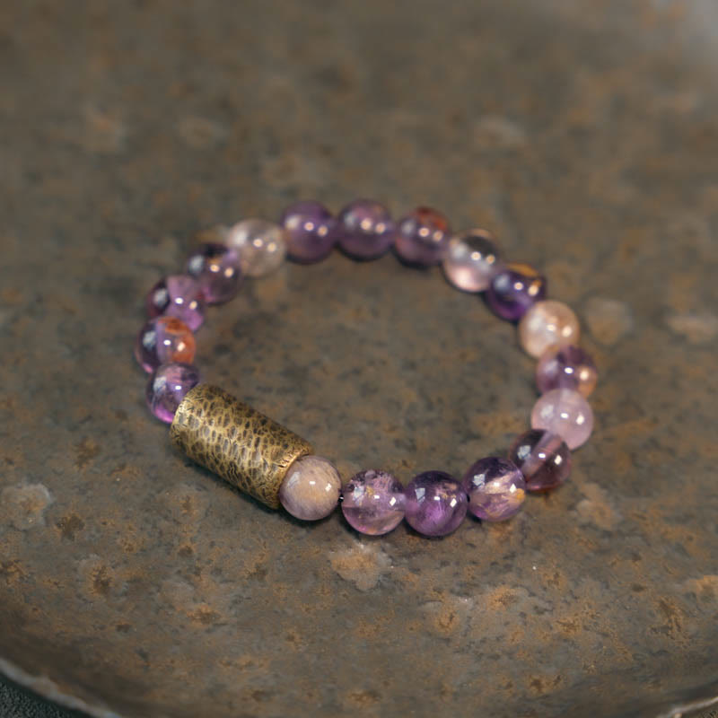 Buddha Stones White Crystal Red Hematoid Quartz Gold Rutilated Quartz Purple Phantom Protection Bracelet - Purple Phantom - 17-17.5cm - image 23