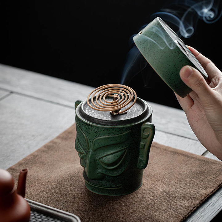 Buddha Stones Bronze Age Relics Sanxingdui Mask Three Star Mound Ceramic Healing Incense Burner - 13.8cm*7.8cm - image 0